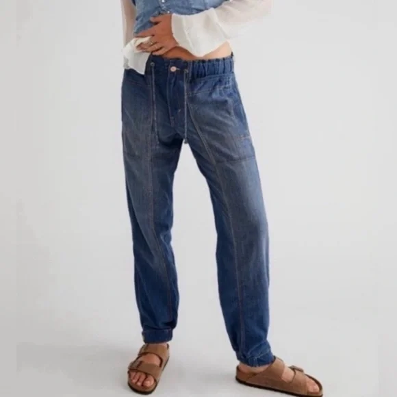 FREE PEOPLE MEDUIM ANGELO TIE WAIST JEANS LOW RISE SLOUCHY CARGO PULL-ON DENIM - Picture 3 of 8